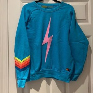 Aviator Nation pink bolt stitch blue crewneck